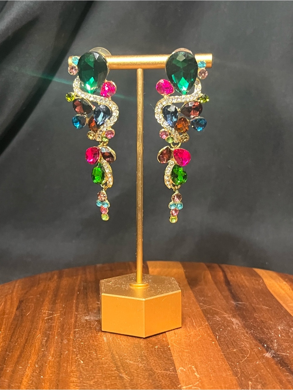 Vintage 1980s Multicolored Rhinestone Statement Dangle Earrings Gold Tone Brass